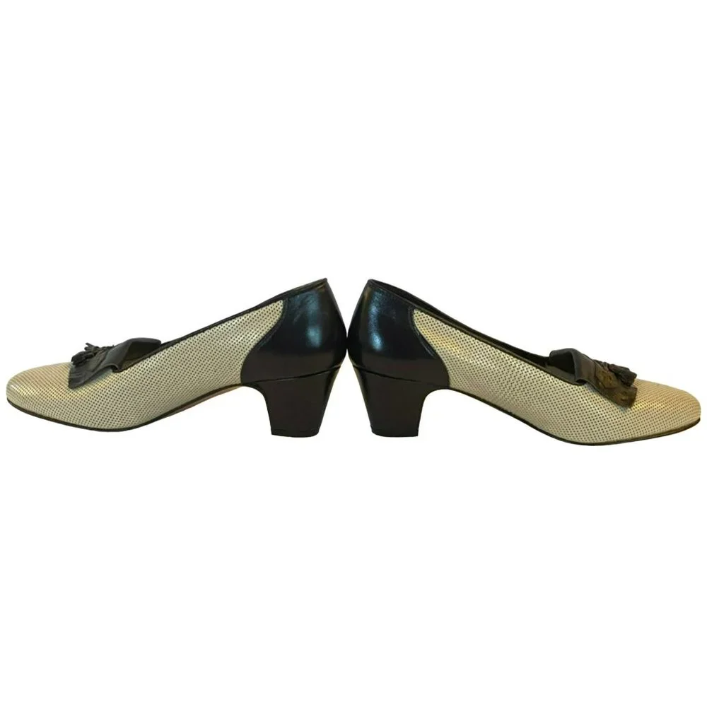 Vintage Breazioni Arabella US9 Heels Shoes Italy Navy White Leather Vero Cuoio - Picture 4 of 9